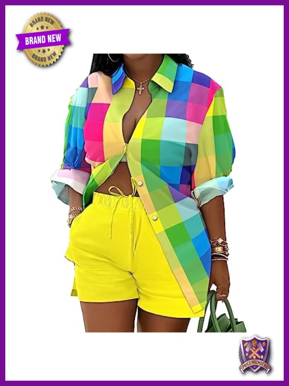 Mandonce 2 Piece Long Sleeve Button Down Shirt & Elastic Lace-Up Shorts Set